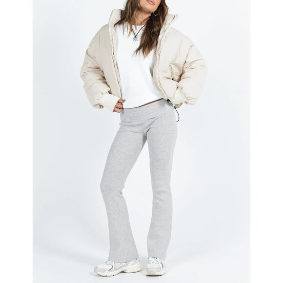 Women's Puffer Jacket Oversized Cropped Puffy Quilted Winter Jackets Coat Khaki - Picture 4 of 6